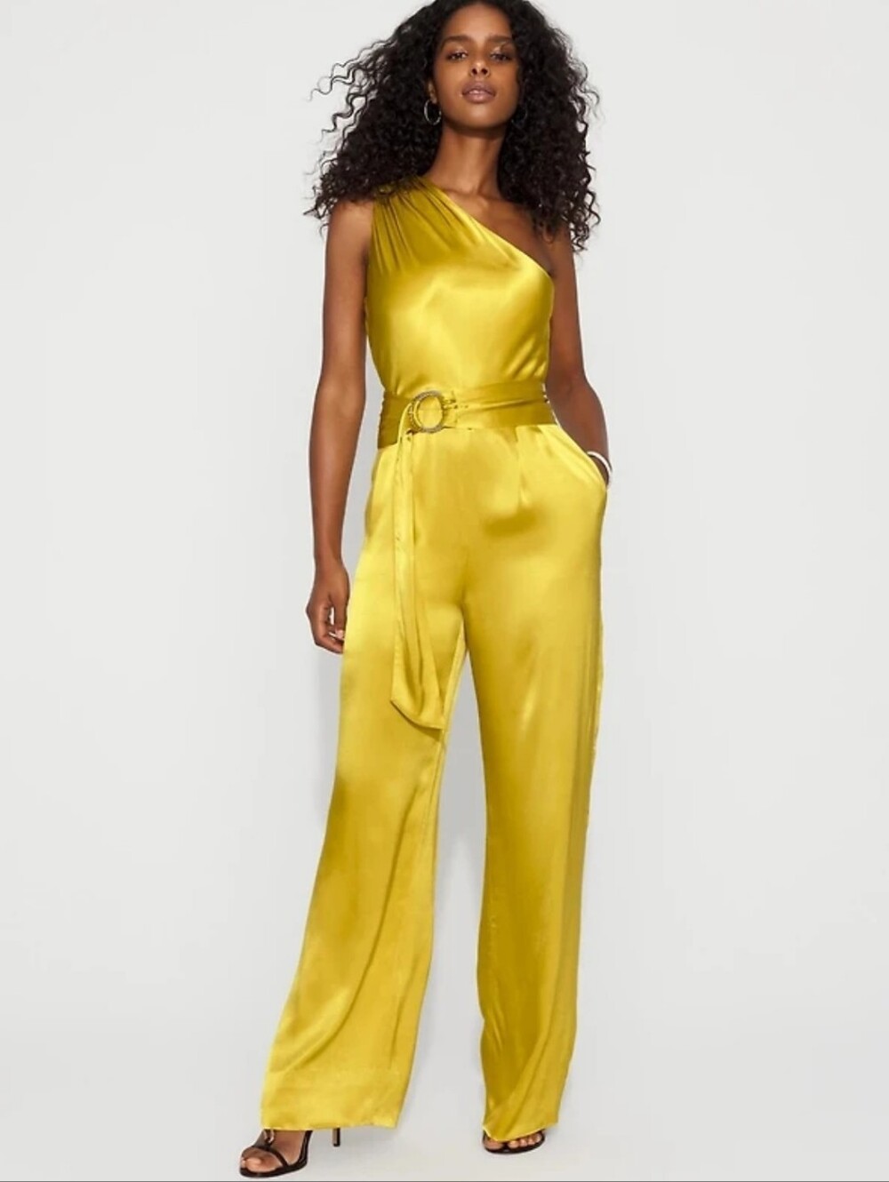 $195 WHBM One-Shoulder BELTED  Satin JUMPSUIT IN CITRUS PEARL SIZE 8 NEW